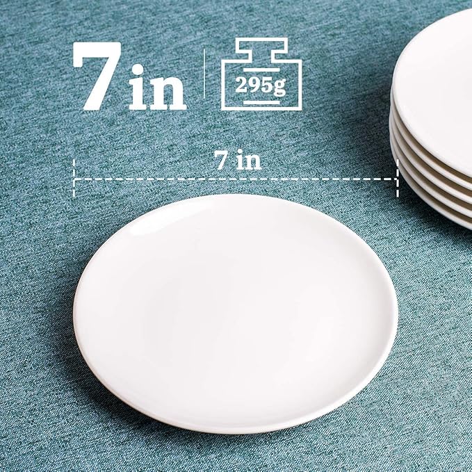 DELLING 7 Inch Appetizer Plates Set, White Ceramic Dessert Plates/Salad Plate - Small Round Serving Plates for Snacks, Side Dishes, Pasta, Microwave & Dishwasher Safe - Set of 4