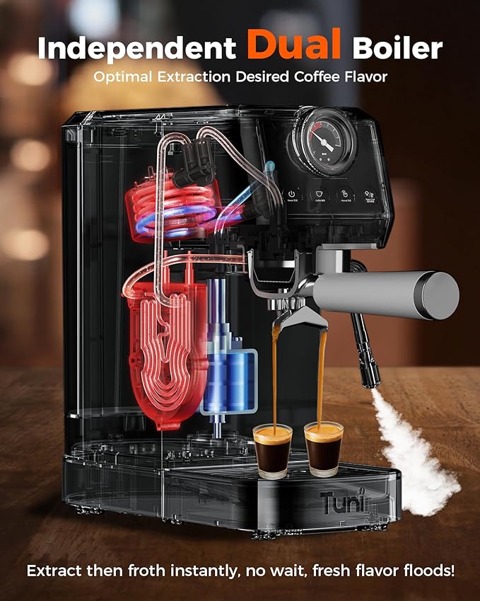 Tuni E2 58mm Espresso Machine - Dual Boiler (Immediate Milk Frothing) | PID NTC Temp Control | 20 Bar ULKA Pump | Stainless Steel Semi-Automatic Coffee Maker | Gift for Coffee Lovers