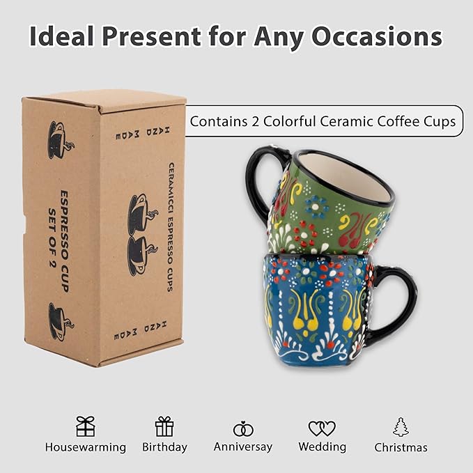 Espresso Cups Set of 2 | 4 oz Small Espresso Cups | Turkish Tea Cups | Demitasse Mugs with Handle | Modern Stackable Ceramic Espresso Mugs Set (Green/Blue)