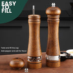 2-Piece Salt and Pepper Grinder Set with Wood Tray, 8 Inch Wooden Salt and Pepper Mills with Adjustable Coarseness, Refillable Manual Pepper Mill Grinder for Home Cooks (Brown)