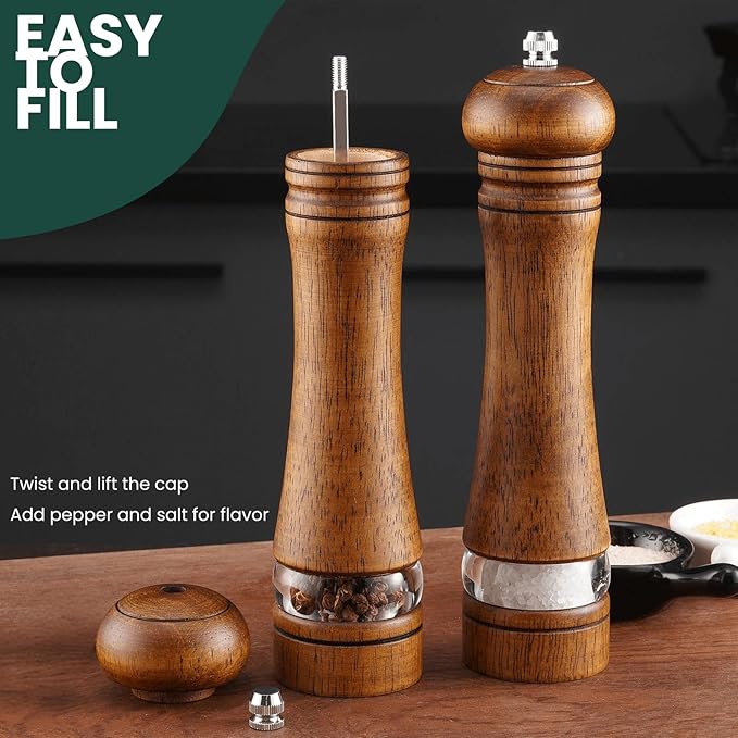 2-Piece Salt and Pepper Grinder Set with Wood Tray, 8 Inch Wooden Salt and Pepper Mills with Adjustable Coarseness, Refillable Manual Pepper Mill Grinder for Home Cooks (Brown)