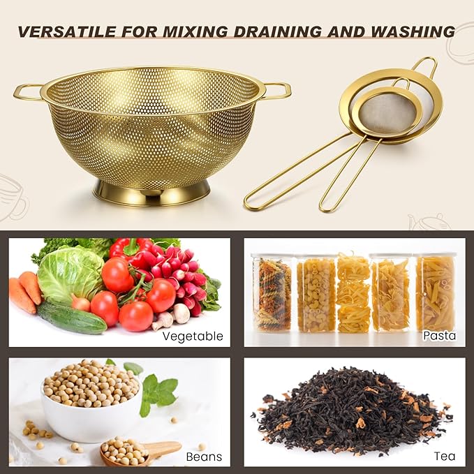 Sawysine 5 Pcs Gold Kitchen Appliances Includes 4 Quart Gold Colander and 2 Pcs Strainer Set, Lemon Squeezer, Stainless Steel 4 Sides Grater Slicer with Handle for Kitchen