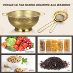 Sawysine 5 Pcs Gold Kitchen Appliances Includes 5 Quart Gold Colander and 2 Pcs Strainer Set, Lemon Squeezer, Stainless Steel 4 Sides Grater Slicer with Handle for Kitchen