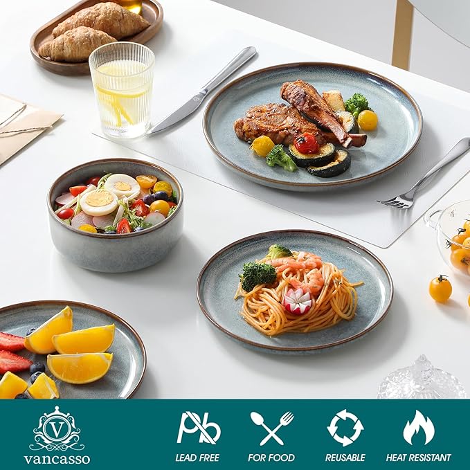 vancasso PLAYA Plates and Bowls Sets, 24 Pieces Light-Blue Dinnerware Sets for Kitchen, Reactive Glaze Dishes Set for 8, Dishwasher and Microwave Safe