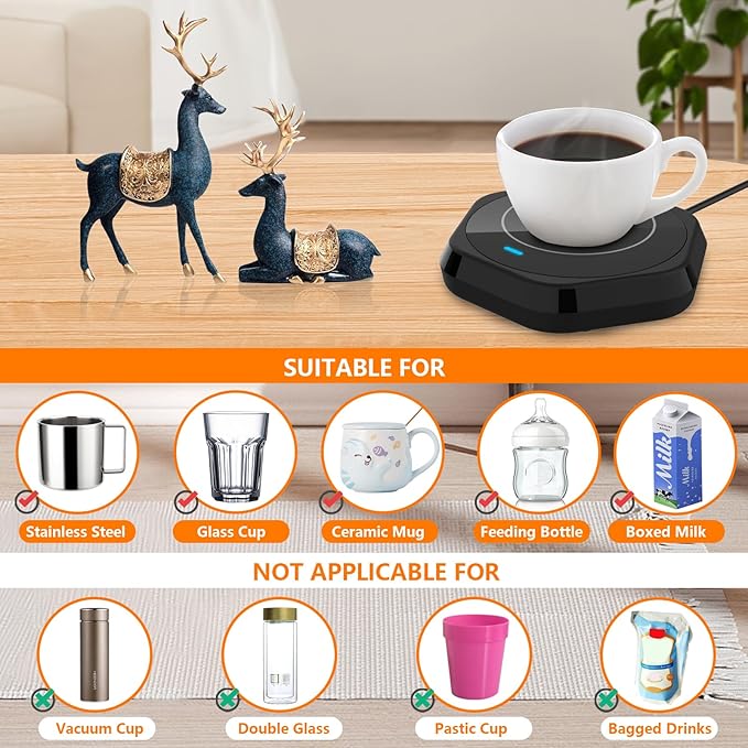 Smart Beverage Heating Plate Candle Wax Cup Warmer Electric Thermostat Coaster for Hot Coffee Milk Tea Water Cocoa Desk Home Office Use (R1 Black)