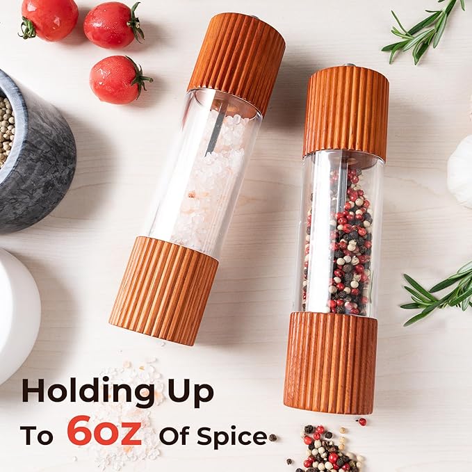 Wooden Salt and Pepper Grinder Set, 8 Inch Manual Salt and Pepper Mills, Premium Acrylic Salt and Pepper Shakers with Adjustable Ceramic Core, Refillable Shakers for Kitchen(2 Pack)