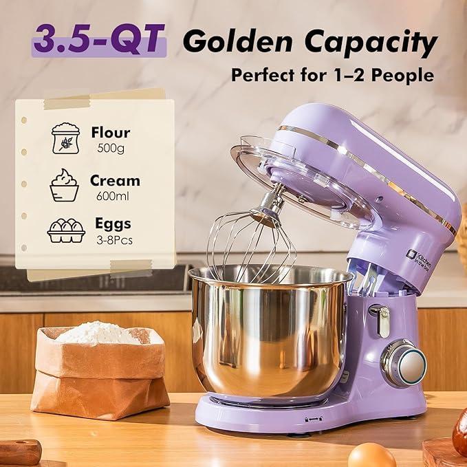 Kitchen in the Box Stand Mixer, 3.5 QT Small Kitchen Electric Stand Mixers, 10-Speed Portable Lightweight Dough Mixer for Daily Use with Egg Whisk, Dough Hook, Beater (Lavender Purple)