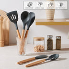 E-far Silicone Cooking Utensils Set, 5-Piece Kitchen Utensils Set with Wooden Handle for Cooking, Silicone Kitchen Nonstick Tools Spatula Turner Slotted Spoons, Nontoxic & Heat Resistant-Gray