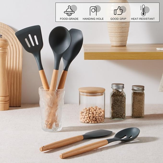 E-far Silicone Cooking Utensils Set, 5-Piece Kitchen Utensils Set with Wooden Handle for Cooking, Silicone Kitchen Nonstick Tools Spatula Turner Slotted Spoons, Nontoxic & Heat Resistant-Gray