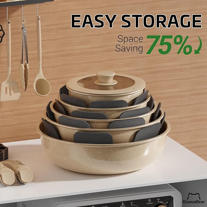 23 Pcs Pots and Pans Set Non Stick, Ceramic Cookware Set Non Toxic with Detachable Handles, Healthy Induction Cookware Oven Safe RV Kitchen Set, PFAS PFOA & PTFE Free, Taupe