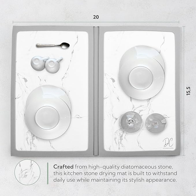 DON & CLAIRE Stone Dish Drying Mat for Kitchen Counter - Quick Drying, Super Absorbent, Non-Slip Mat for Dishes, Glassware, Fast Dry Stone Mat for Kitchen Sink, Easy to Clean | (21.5" x 16.3", Marble)