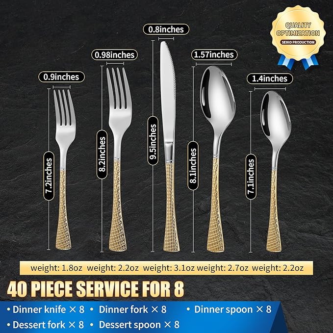 Lemeya Hammered Silver Gold Silverware Set for 8,Stainless Steel 40-Piece Modern Cutlery Set,Mirror Polished Heavy Duty Flatware Set Utensil Set,Knives Spoons and Forks Set,Dishwasher Safe