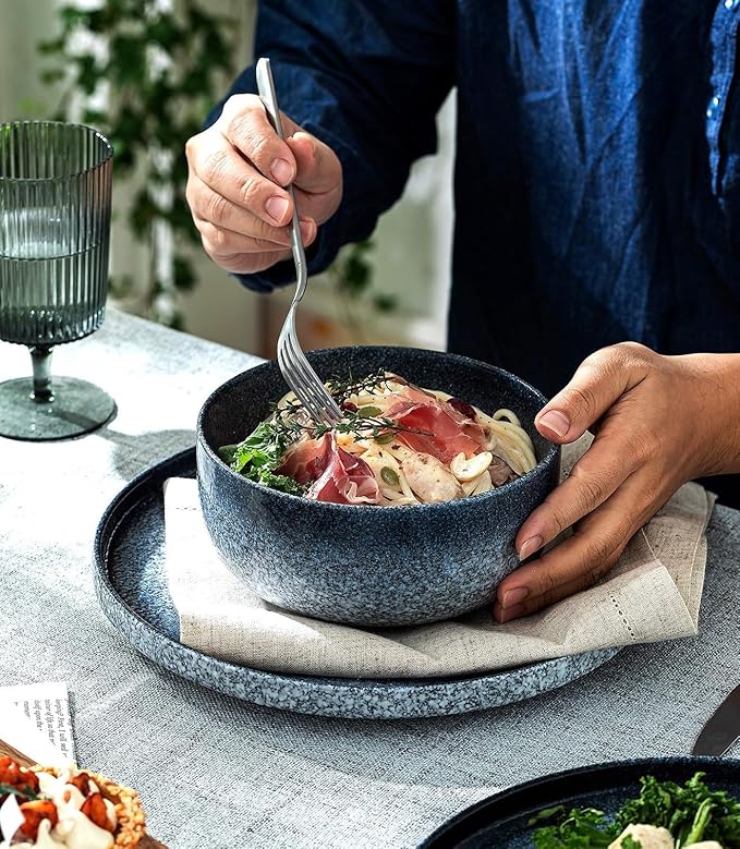 S&Q'S CERAMICS Cereal Bowls - 36 Ounce, Japanese Noodle Bowl Set, Ceramic Bowls for Kitchen, Breakfast, Oatmeal, Microwave and Dishwasher Safe, [Set of 4], Dark Blue