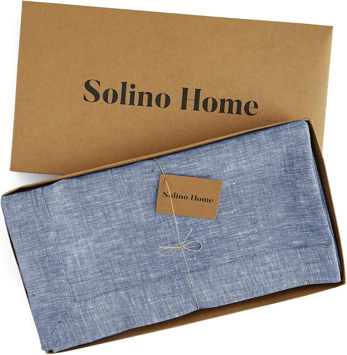 Solino Home Linen Tablecloth 60 x 144 Inch - 100% Pure Linen Chambray Indigo Table Cloth for Rectangle Tables - Athena, Machine Washable Tablecloth for Summer