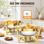 Gold Chafing Dishes for Buffet with Glass Lid (5QT, 4 Pack), Round Stainless Steel Chafers and Buffet Warmers Sets with Lid Holder, Rolled Edge Design, for Catering Events, Parties, Weddings