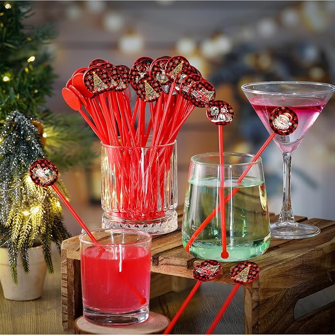 Meanplan 60pcs Christmas Swizzle Sticks Christmas Cocktail Stirrers Plastic Stir Sticks Xmas Santa Claus Snowman Decorations for Birthday Party Coffee Shop Supplies Favors Gifts(Buffalo Plaid)