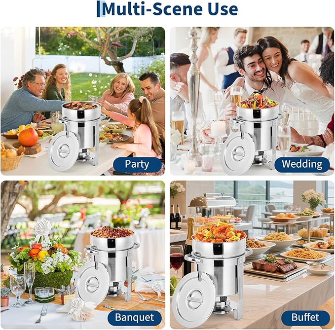 Commercial 11QT Soup Chafer Set, 4 Pack Stainless Steel Round Food Warmers Set with Pot, Notched Lids & Fuel Containers, Soup Warmers Ideal for Buffet Service & Event Catering