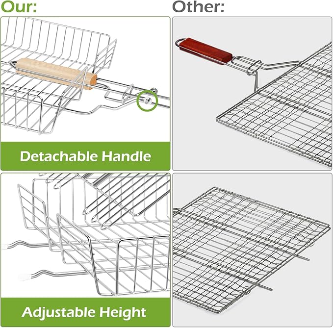DOUBLE TWO - Stainless Steel Grill Basket, Grilling Baskets for Outdoor Grill, for Meat, Fish, Vegetable, BBQ Accessory, With Height Adjustable Cover & Detachable Handle, Easy to use, 1Pcs
