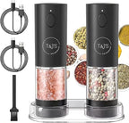 T&J's Upgraded Larger Capacity Electric Salt and Pepper Grinder Set Rechargeable (2 Pack) One Hand Operation with Storage Base, Five-Level Adjustable Coarseness and Warm LED Light, Black