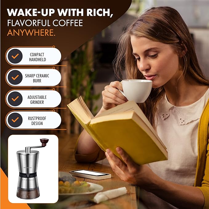 Manual Coffee Grinder with 8 Adjustable Coarseness Settings, Hand Crank Coffee Mill with Ceramic Burr for Espresso Beans, French Press, Pour Over, Drip Coffee – Rustproof, Non-Dulling