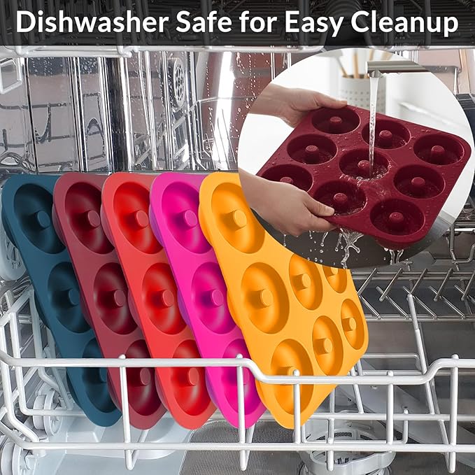 Large Silicone Donut Pan for Baking, 9 Cavity Non-Stick Food Grade Silicone Donut Molds, Doughnut Pan and Bagel Pans for Baking & Kitchen, BPA Free 11.2 x 11.1 Inches, Dishwasher Safe - Red