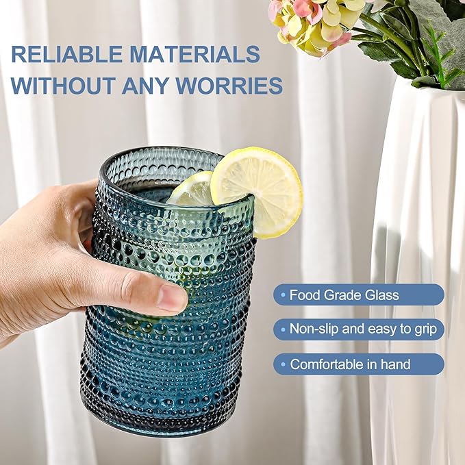 Vintage Glassware Drinking Glasses Set of 12,Blue 12oz & 15oz Hobnail Glass Cups,Embossed Water Tumbler,for Beer,Cocktail,Whiskey,Juice and Various Mixed Drinks- 1 Cleaning Brush
