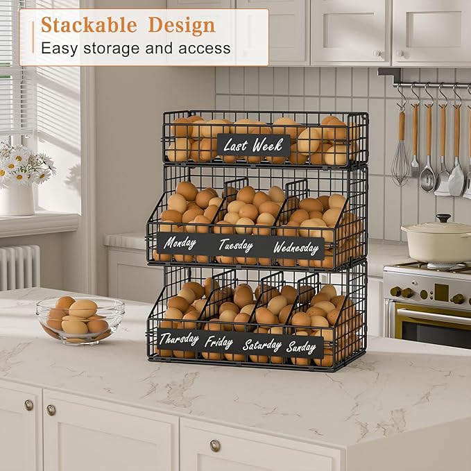 keomaisyto Egg Holder Countertop with 5 Dividers & DIY Nameplate to Separate Eggs, 3 Tier Stackable Wire Storage Baskets for Gathering Fresh Eggs, XXL Large Egg Rack, Wall-Mounted (Patent Pending)