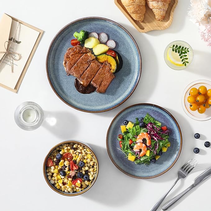 vancasso PLAYA Plates and Bowls Sets, 18 Pieces Grey-Blue Dinnerware Sets for Kitchen, Reactive Glaze Dishes Set for 6, Dishwasher and Microwave Safe