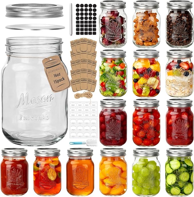 CycleMore 16oz Mason Jars, 15 Pack Embossed Glass Canning Jars with Lids and Bands, Overnight Oats Containers for Canning, Pickling, Food Storage, DIY Projects