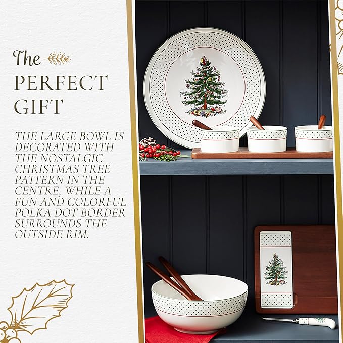 Spode Christmas Tree 10" Serving Bowl & Wooden Servers, Polka Dot - Ceramic Serving Bowls & Party Bowls for Holiday Celebrations - Salad Bowls and Soup Bowls for Dining - Christmas Table Setting