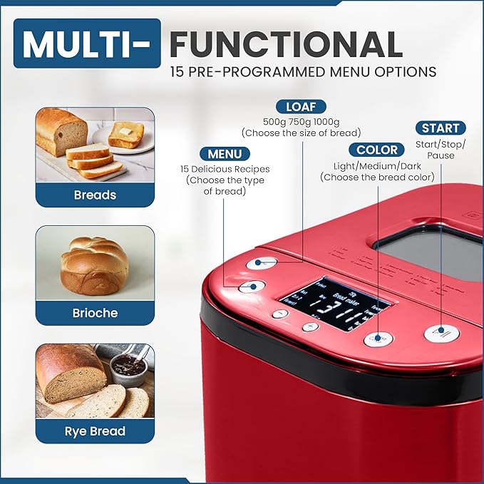 CULINARY CHEF Bread Maker Machine with Nonstick Bowl, Bread Hook, Measuring Cup & Spoon. 15-in-1, Gluten-Free Bread, Cake& Yogurt, 3 Crust Colour options and more. 3 Loaf Sizes. 2LB XL-RED