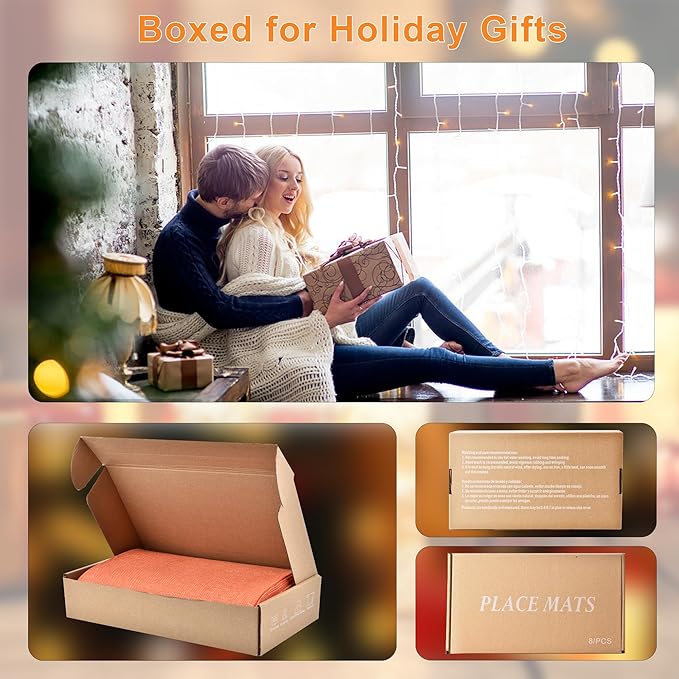 Orange Cloth Placemats Set of 8 - Easy to Clean Linen Type Fabric Table Placemats - Machine Washable & Heat Resistant Non-Slip Table Mats for Holiday Dining (Orange, 8)