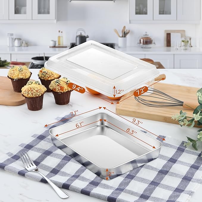 Baking Pan Set, 9¼ x 7⅛ x 2 Inch Small Rectangle Sheet Cake Pan with Lid, Stainless Steel Bakeware for Lasagna Brownie Casseroles