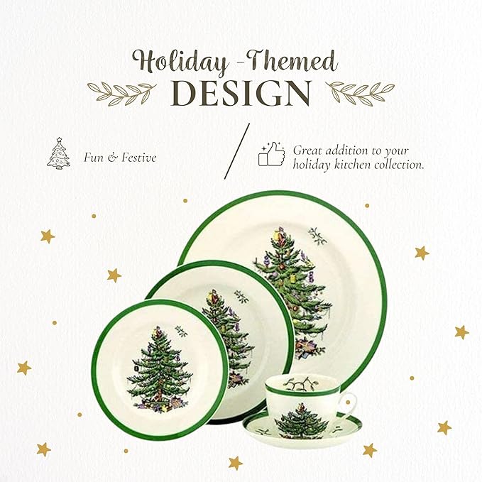 Spode Christmas Tree 5-Piece Holiday Dinnerware Set - Festive Earthenware Tableware Collection with Plates, Teacups, Saucers - Microwave, Dishwasher Safe - Christmas Dinnerware & Holiday Tableware