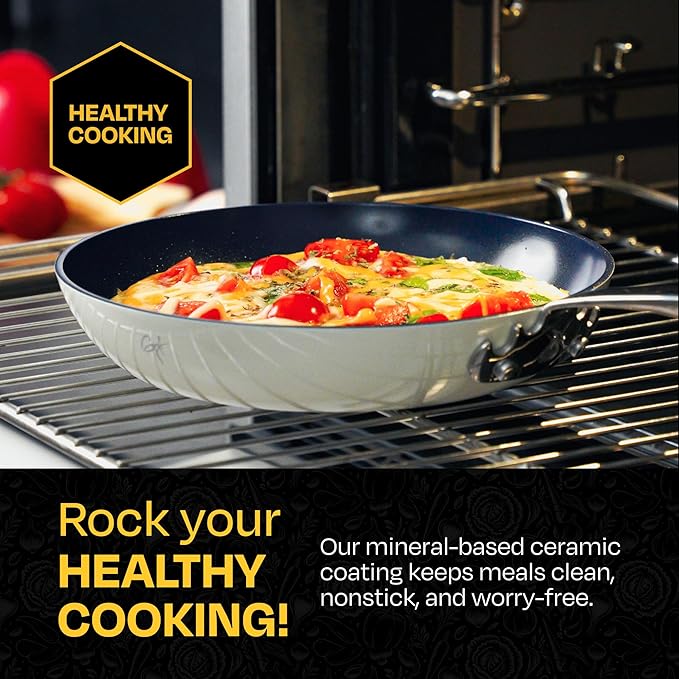 Guy Fieri's Flavortown 2-Piece Ceramic Cookware Set, Nonstick Frying Pan Set 10" and 12", Easy-Clean Kitchen Cookware, Made without PFAS PTFE PFOA, Induction Compatible, Dishwasher Safe, Blue & White