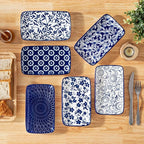 vancasso Selene 8.5 Inch Rectangular Salad Plates Set of 6, Ceramic Salad Plates for Sushi, Dessert, Appetizer, Porcelain Platters for Kitchen Decor, Microwave & Oven Safe, Vintage Blue & White Color