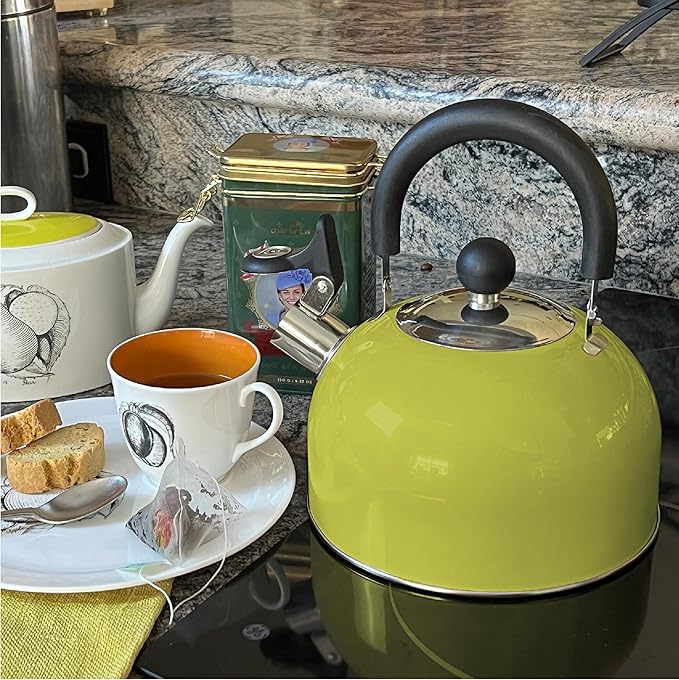 Lily's Home 2 Quart Stainless Steel Whistling Tea Kettle, the Perfect Stovetop Tea and Water Boilers for Your Home, Dorm, Condo or Apartment. (Pastel Yellow)