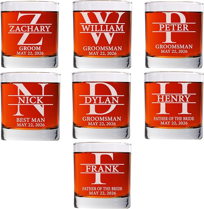 Set Of 7, Personalized Whiskey Glass For Groomsman Gifts, Best Man, Groom, 11oz Old Fashioned Custom Monogrammed Whiskey Glass