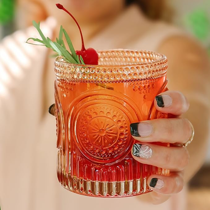 Kate Aspen Ribbed Retro Arch Floral Rose Gold Drinking Glasses Set of 6, (10 oz) Vintage Glassware Set Cocktail Glass Set, Juice Glass, Water Cups | Great Hostess Gift & Gift for New Home Owners