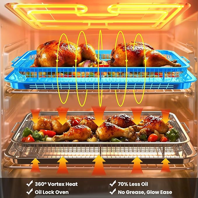 Extra Large Air Fryer Basket for Oven, 18.7"x12.8" Stainless Steel Baking Pan & Crisper Tray, Fits Whole Chicken, Commercial-Grade Oven Air Fryer with 30 Parchment Papers, Dishwasher Safe