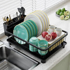 Dish Drying Rack - Space-Saving Dish Rack,Dish Racks for Kitchen Counter with Drainboard, Rustproof Dish Drainer with a Removable 4-Compartment Utensil Holder,Black