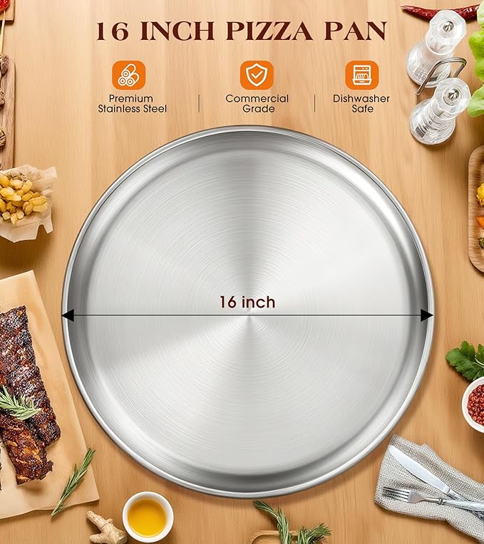 Stainless Steel Pizza Pan 16 inch, Pizza Pan for Oven, Steel Pizza Tray, Thick Round Pizza Plate Pizza Baking Sheet, Easy Clean & Dishwasher Safe, Set of 1