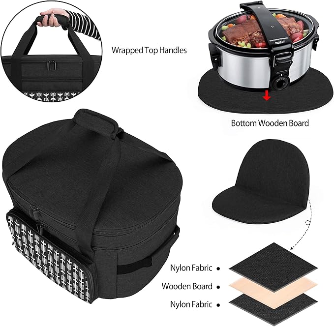 Yarwo 2025 Upgraded Slow Cooker Travel Bag with Bottom Board Compatible with Crock-Pot and Hamilton Beach 6 7 8 Quart, Double Layers Oval Slow Cooker Carrier, Black with Arrow (Bag Only)