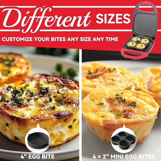 Egg Bite Maker with 2 Silicone Egg Molds for Breakfast Sandwiches, Breakfast Maker, Omelet Pan, Healthy Snacks or Desserts, Red