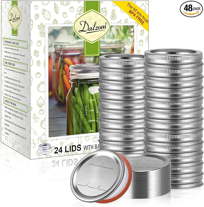 Dalzom® 48Pcs Canning Lids with Rings Regular Mouth, Premium Mason Jar Lids with Bands/Rings for Ball, Kerr Jars - Food Grade Material, 100% Fit & Airtight for Regular Mouth Mason Jars
