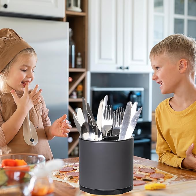 Kitchen Utensil Holder Silverware Organizer 360°Rotating For Counter Organizer Stainless Steel Storage Silverware Caddy 3 Compartment Flatware Spoon Spatula Tool Cutlery Container（Grey）