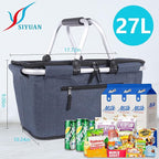 Picnic Basket, SIYUAN Collapsible Shopping Basket with Lid 27L Large Market Basket with Handles Reusable Folding Grocery Basket Insulated Cooler Bag for Picnic Travel, Blue