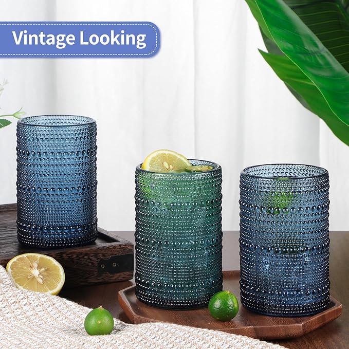 MOLIGOU 6 Pcs Embossed Drinking Glasses, 15oz Vintage Highball Glasses, Beaded Glass Drinking Cups (Blue)
