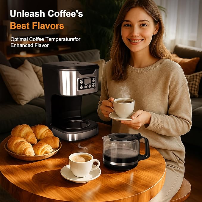 Programmable Coffee Maker 12 Cup Brew & Drip coffee machine, Fully Automatic, 1-4 Cup Setting, Stainless Steel, Keep- Warm Function, Household, Home and Office
