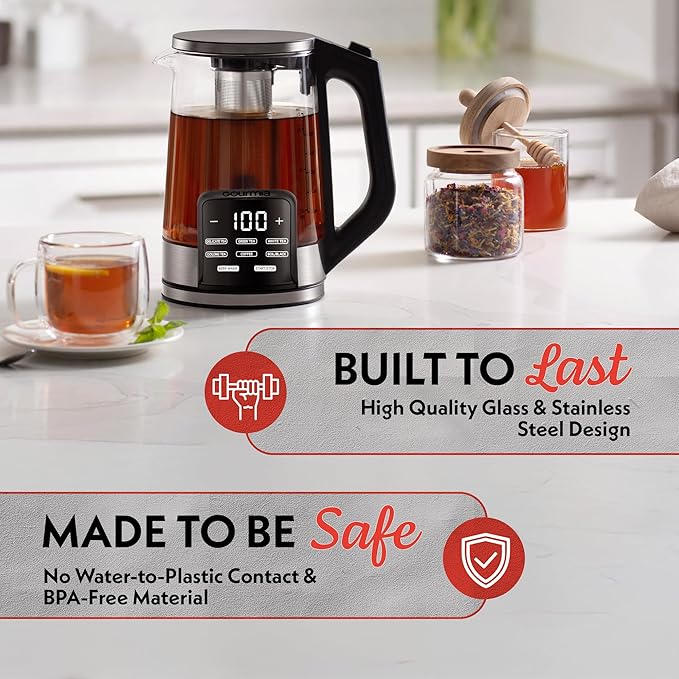 Gourmia Electric Programmable Glass Kettle – 1.7L Temperature Control Tea & Coffee Kettle with Digital Touch Display, 6 Presets, Keep Warm, Removable Stainless Steel Infuser, 360° Swivel Base – Peach